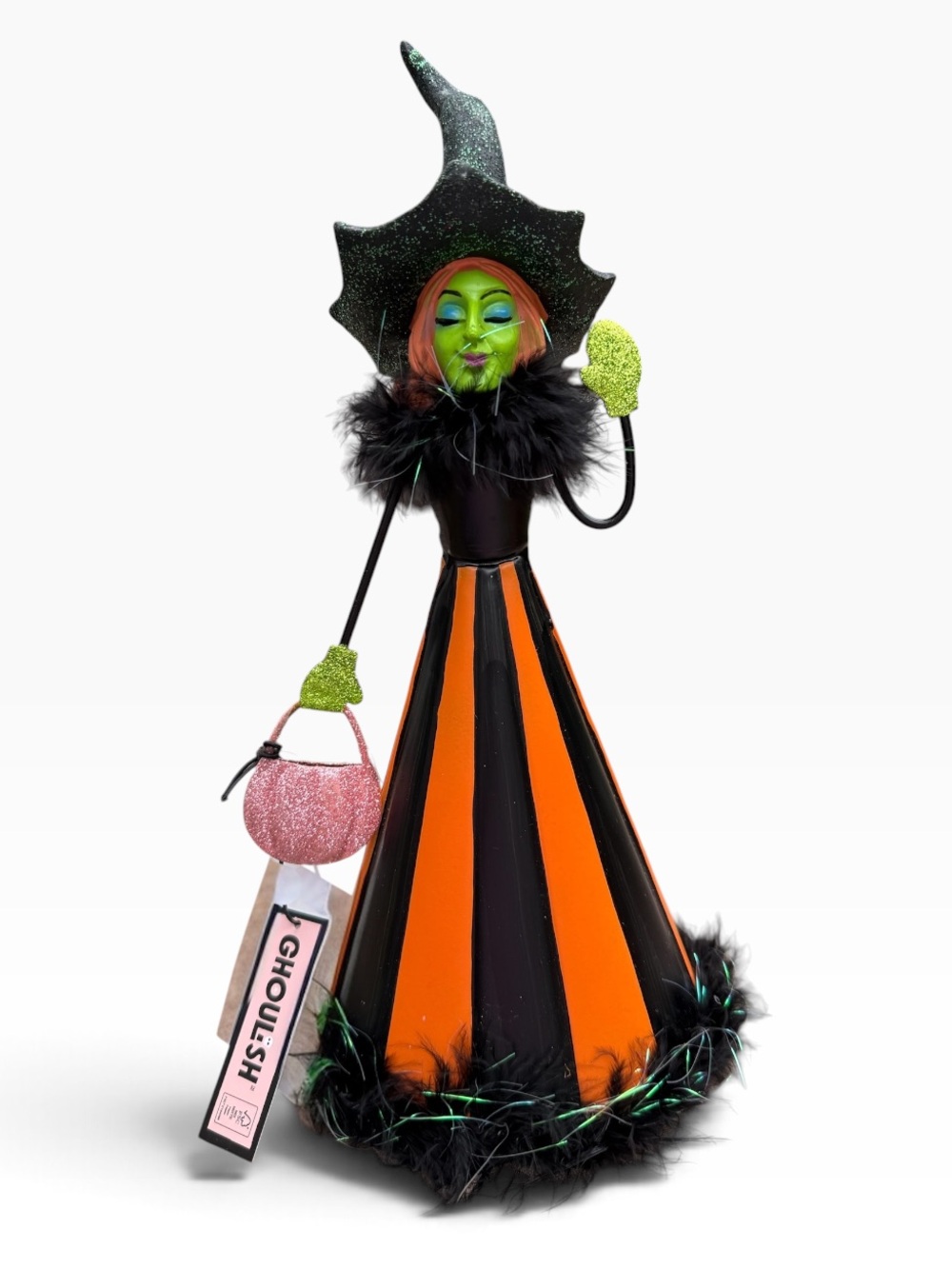 Ghoulish green Witch Halloween Decor Black and Orange skirt pink purse